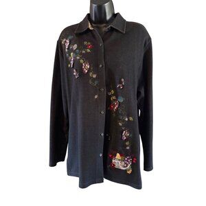 Karen Scott Women’s Shirt L Appliqué Butterflies Grapes Knit Cardigan